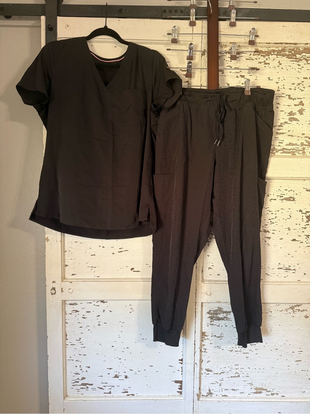 Ava Therese leopard Black V-Neck Scrub Top with Drawstring Jogger Pants- leopard